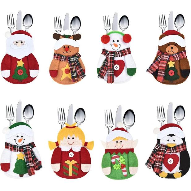 8 Pieces Christmas Tableware Holder Set, Santa Claus Snowman Reindeer Bear Knifes Forks Spoon Silverware Pocket Bags for Xmas for Thanksgiving New