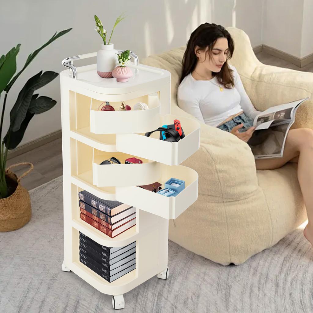 Storage Cart, 4 Tier Storage Cart, Storage Rack with Wheels Rounded Corners Stainless Steel ABS for Homes, Barber Shops, Office