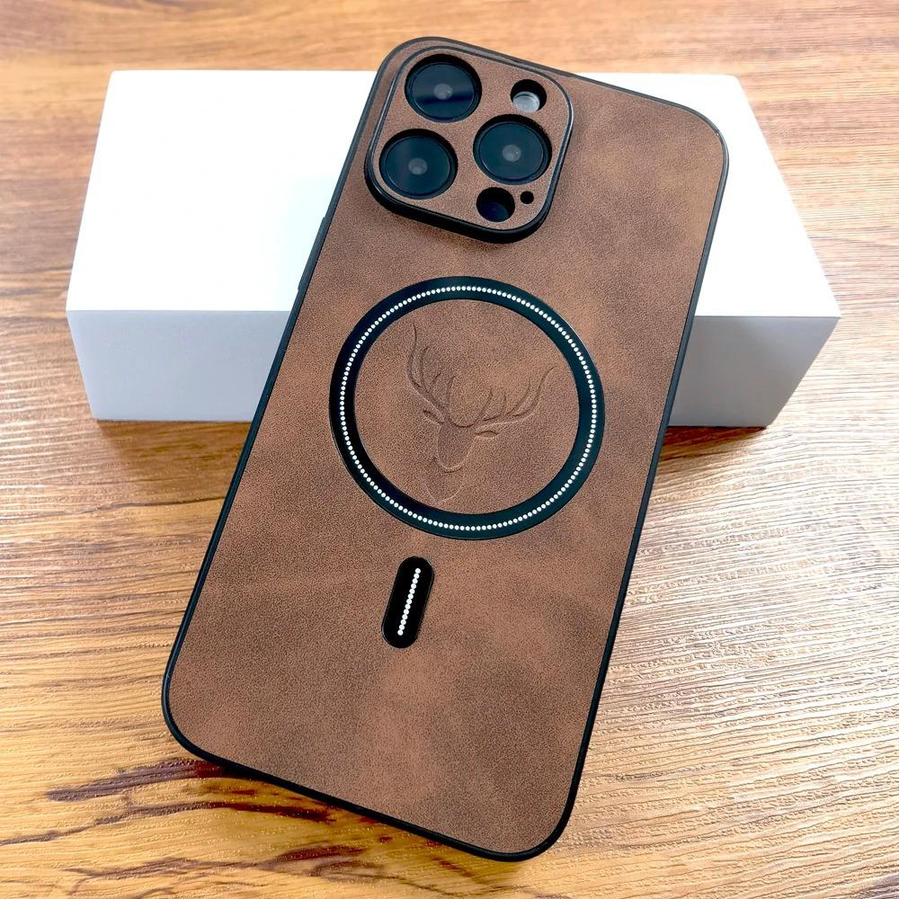 Magnetische Lederhülle für Magsafe Deer für iPhone 15 13 11 12 14 Pro Max Plus XR X XS Max Wireless Charge Stoßfeste Hülle Funda