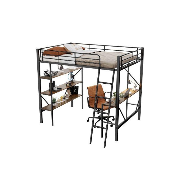Lit mezzanine - MUVOE - 90x200 cm - Métal noir - Bureau intégré - 3 étagères