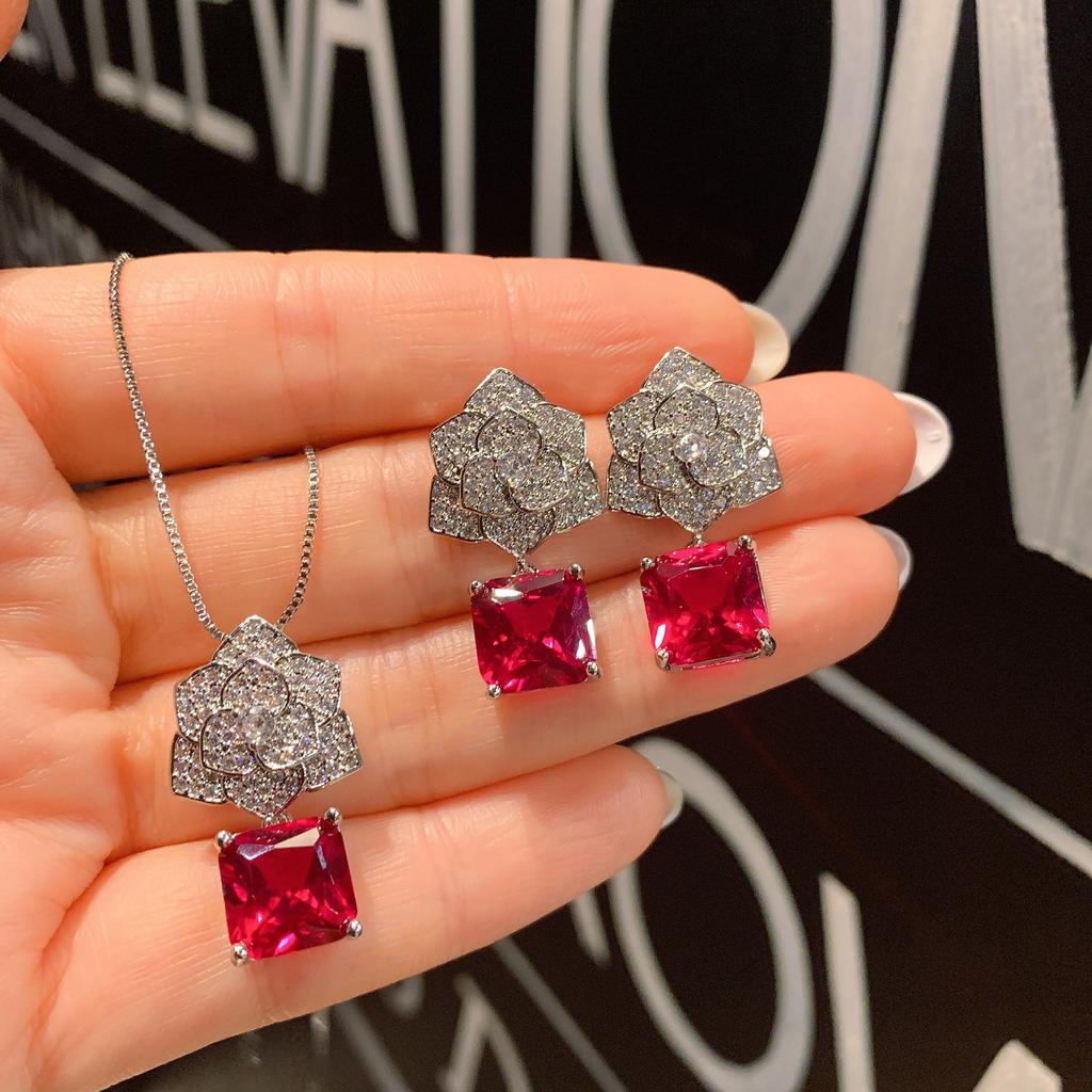 Jewelry Simulation Red Glass Necklace Stud Earrings Set Flower-Shaped Creative Full Diamond Luxury Set 10 * 10