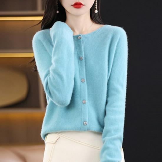 Women's Seamless Round Neck 100% Pure Wool Cardigan for Spring & Autumn