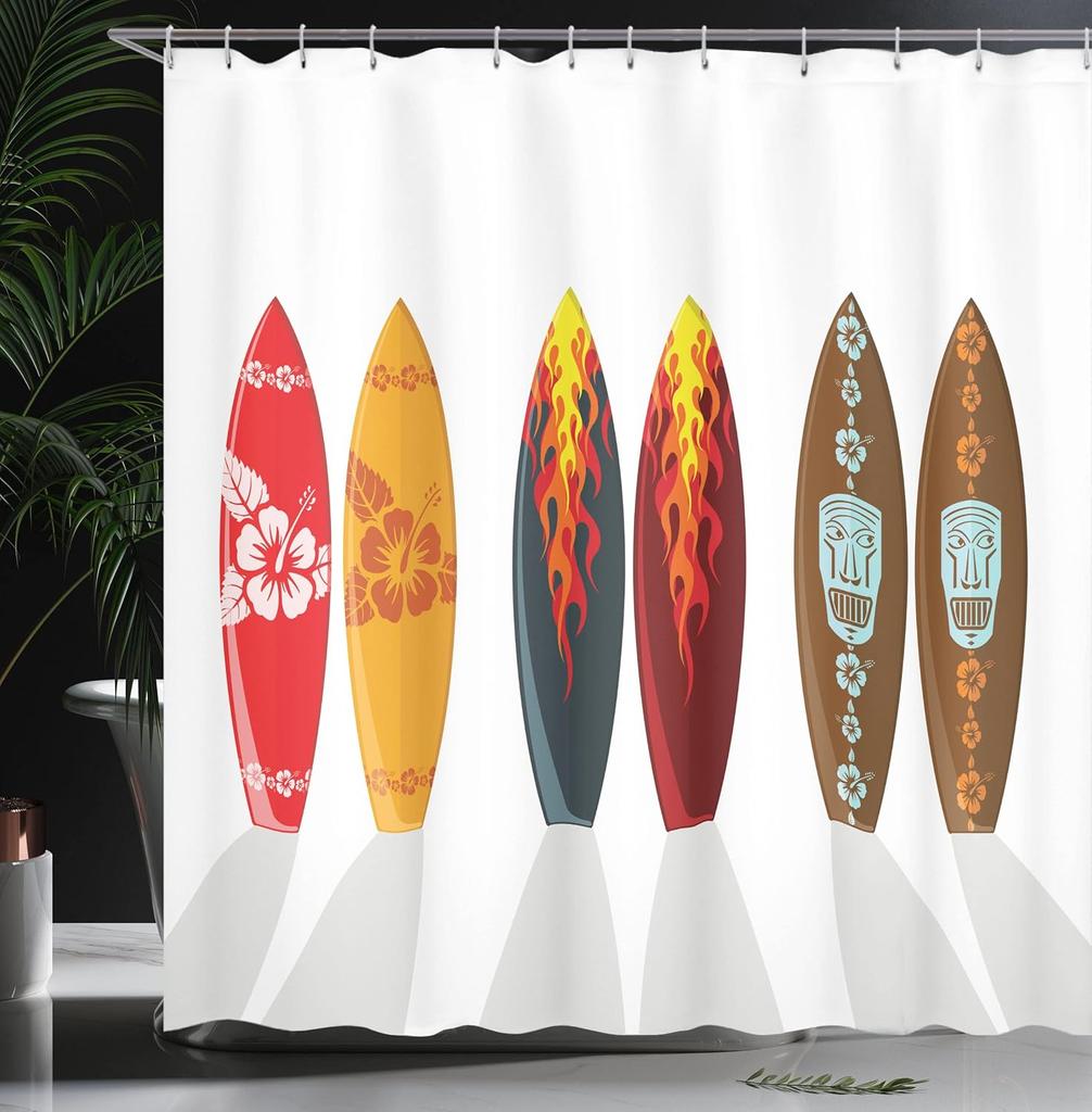 Surfboard Shower Curtain Tropical Hawaiian Design Floral Tiki Pattern Beach Theme Bath Decor Waterproof Fabric Home Accessories