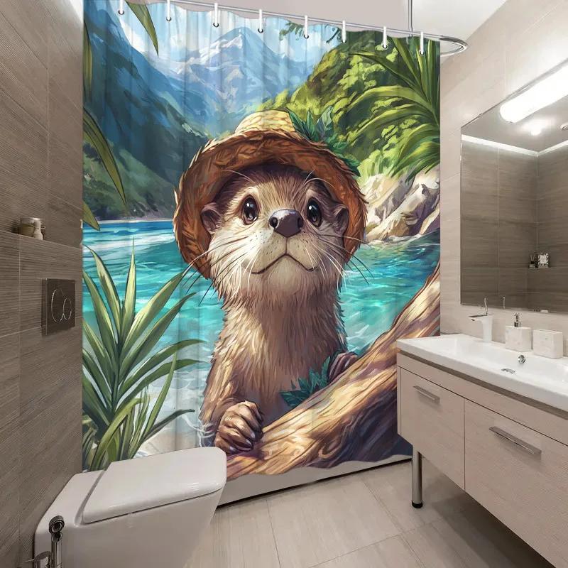 ~O~Cute Otter in Straw Hat Shower Curtain - Anthropomorphic River Design, Greenery & Turquoise Water, 70.8x70.8",12 Hooks,Polyes