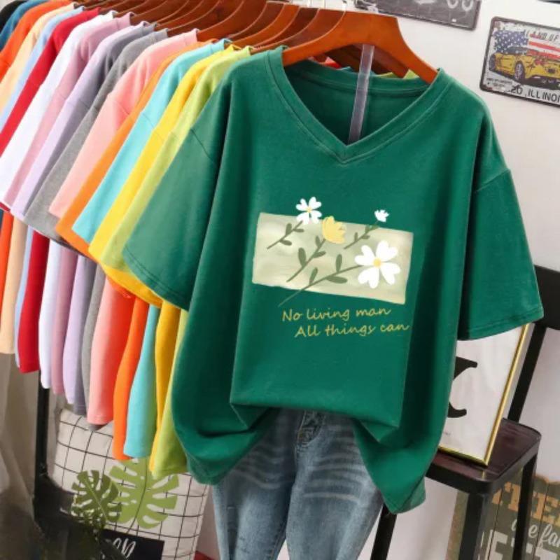 Short-sleeved T-shirt for Women, Large Size, Loose and Slimming, Printed V-neck Top