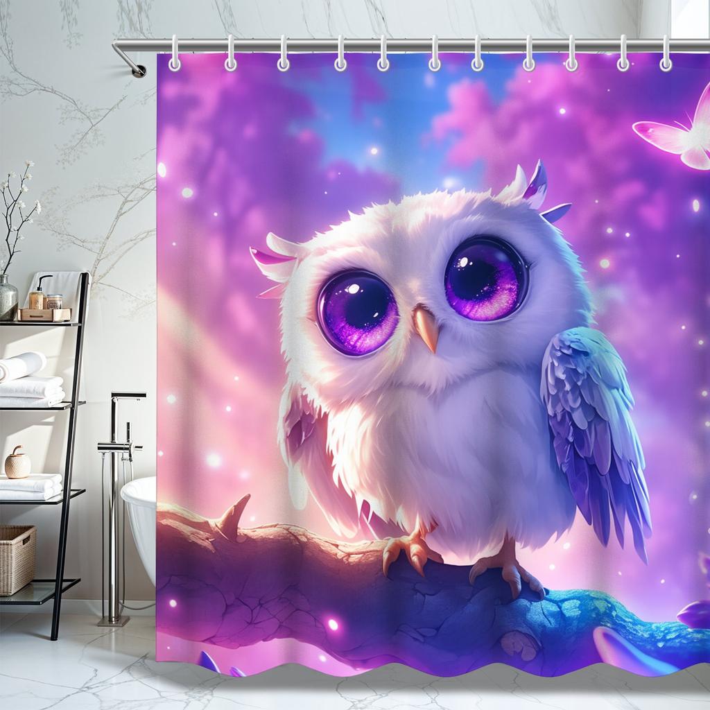 Whimsical Owl Shower Curtain - With Butterflies, Pastel Fantasy Design, Durable Fabric, Ideal For Kids' Bathroom Decor