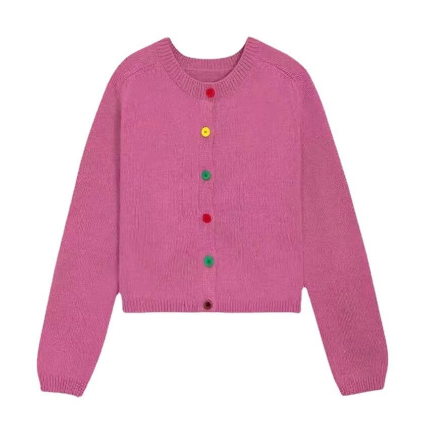 Autumn and Winter Short Sweater for Women Korean Color Button Round Neck Knitted Cardigan for Women