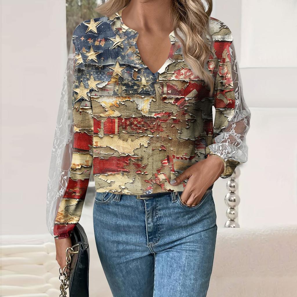 Length Sleeve Womens Tops Casual Loose Fit V-neck T Shirts Cute Print Lace Sleeve Tunic Tops