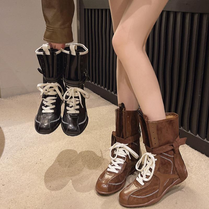Erhöhende flache Stiefel Damen Western-Cowboystiefel Frühling und Herbst Retro Mattleder Schnürstiefel
