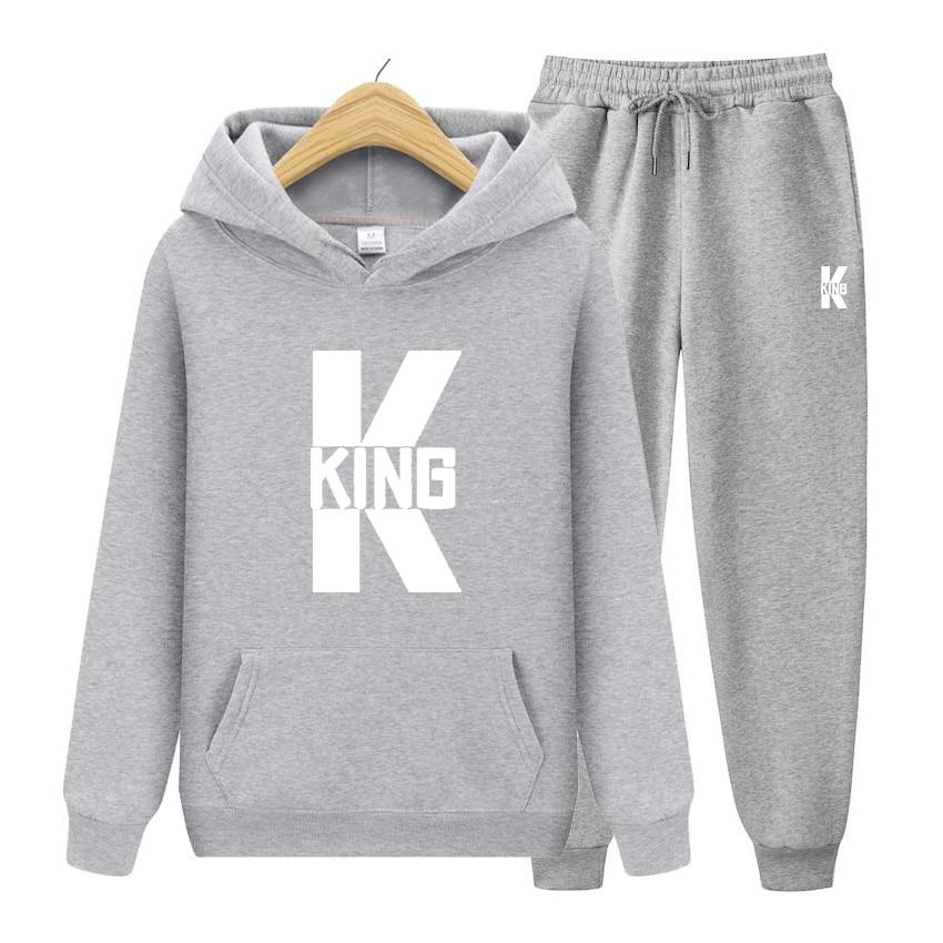 King Print Tracksuit 2 Pieces Set Long Sleeve Sweatshirts for Men Women Sport Suit Hooded Pullover Sweatshirt Top Coat