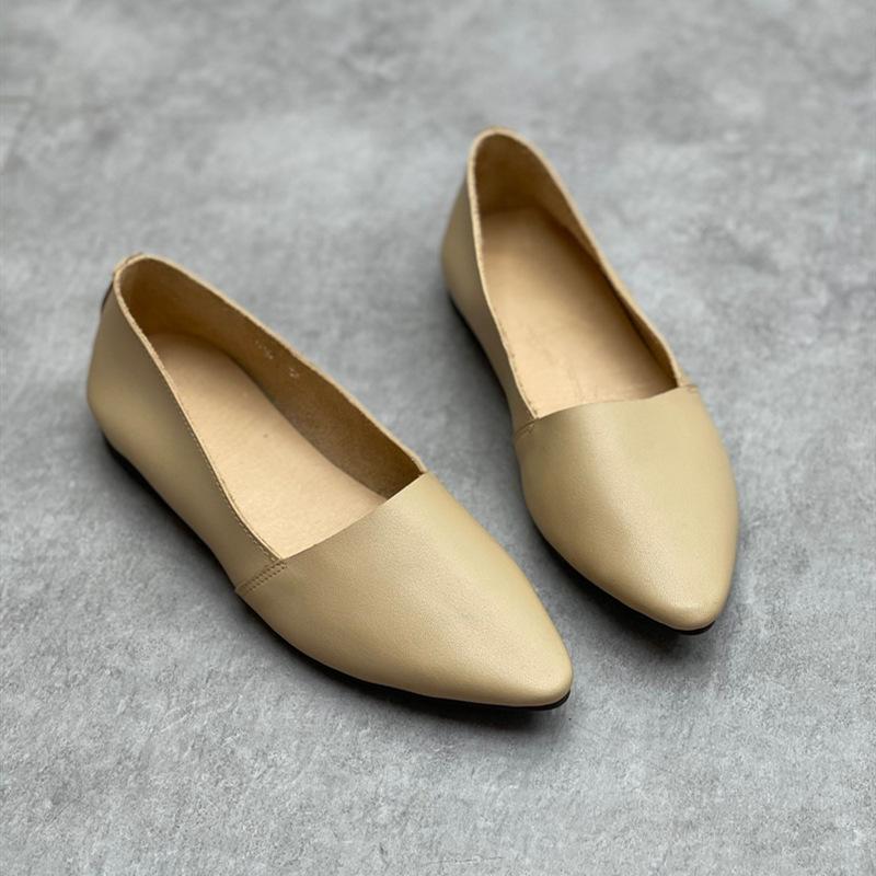 

Johnature/обувь ручной работы из натуральной кожи с острым носком на мягкой подошве, повседневная универсальная женская обувь без шнуровки на плоской подошве 40 бежевый