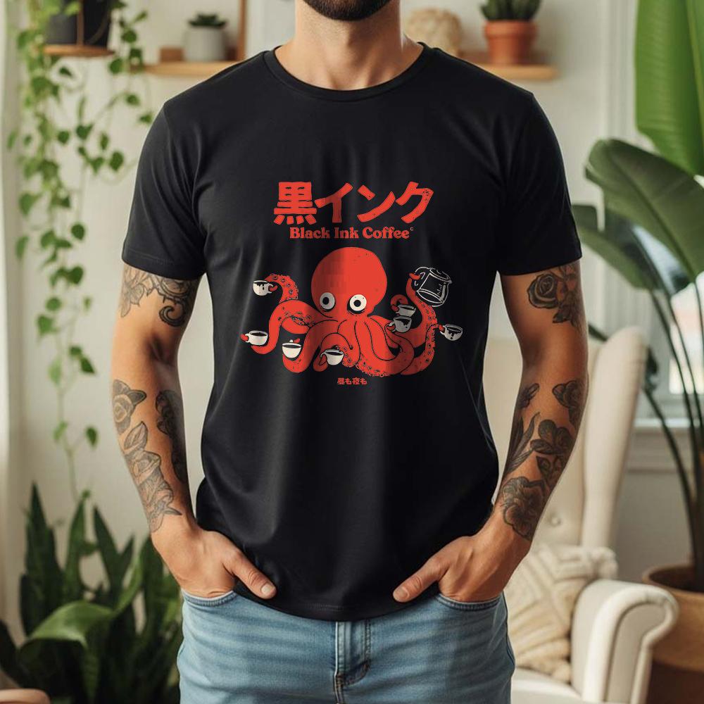 2026 Summer 100 Pure Cotton Unisexs Black Ink Coffee Octopus Print Round Neck Short Sleeved Street Cool Casual Breathable Tshirt