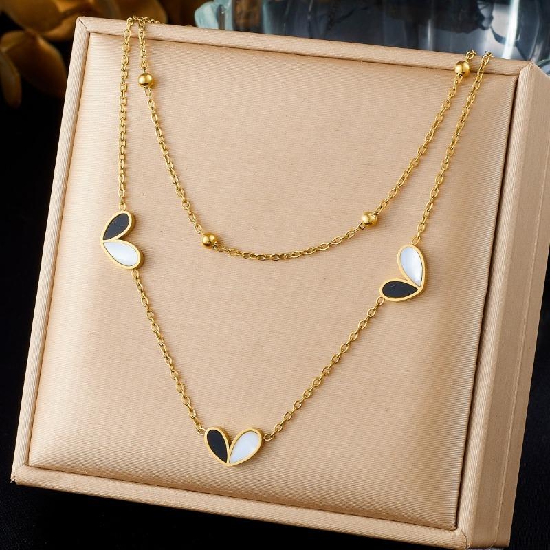 Gold Plated Stainless Steel Two Tone Heart Necklace Bracelet Jewelry Set for Women