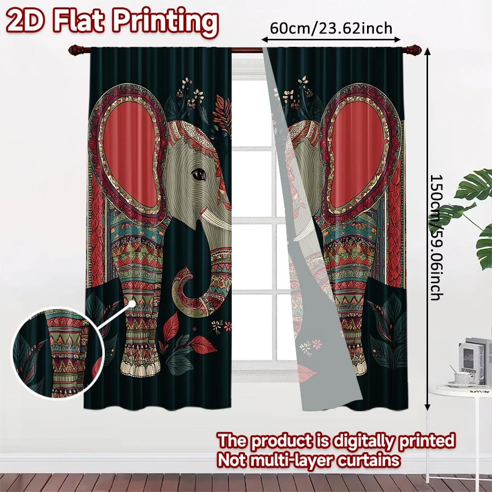 Set Of 2 Flat Printing Window Curtains Ative Twin Elephants Digital Printed Polyester Drapes Festive Wall Decor New Year Curtain Made