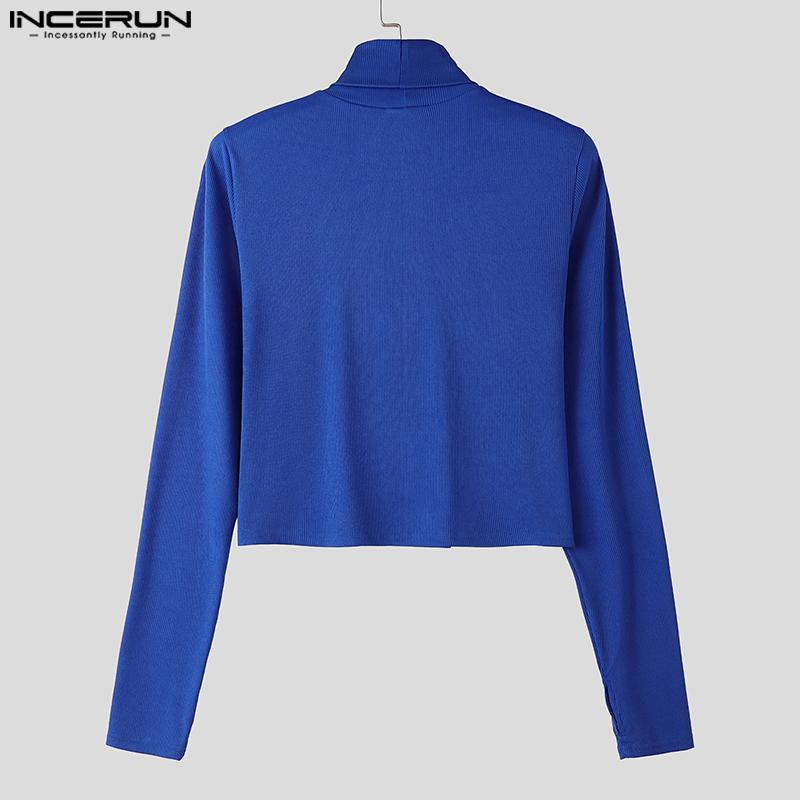 INCERUN Men High Neck Long Sleeve Fitted Tops Casual Slim Cutout Undershirts