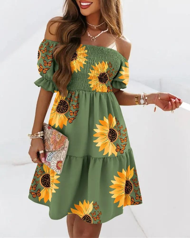 2023 neue Sommer Kurzarm Mini Kleid Floral Gedruckt Kurzes Kleid Mode Off Schulter Pop Kleid Sexy Kleid