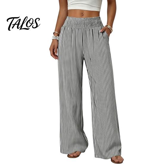 Breathable Loose Trousers Women Striped Wide Leg Pants, Summer Elastic Waist Casual Pants Trousers, Fit Palazzo with Pockets Daily Wear