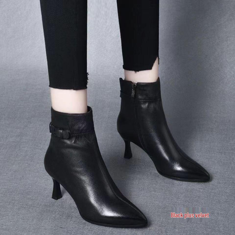 Dámské kotníkové boty na vysokém podpatku z pravé kůže, podzimní zimní plyšové, měkká podrážka protiskluzová jehla, špičatá špička módní.