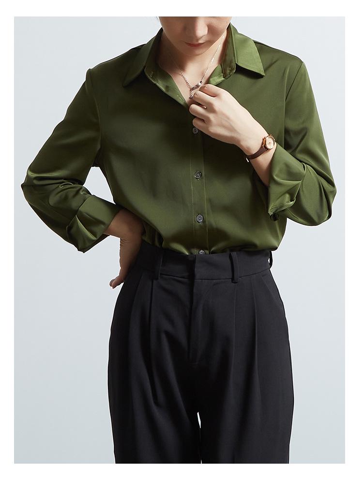 Women's Acetate Satin Long Sleeve Shirt - 2025 Spring & Autumn Petite Collection, French-Inspired High-End Design
