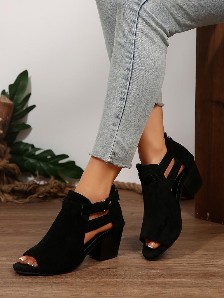 Fashion Women Sandals  Chunky High Heels Soild Gladiator Open Peep Toe Women Black Shoes Buckle Back Zipper Sandalias De Mujer