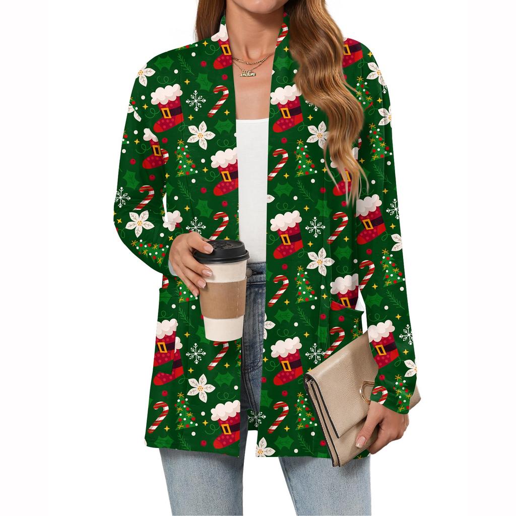 Women's Christmas Printed Lightweight Cardigan Long Sleeved Casual Loose Thin Fit With Pockets Cardigan Jacket