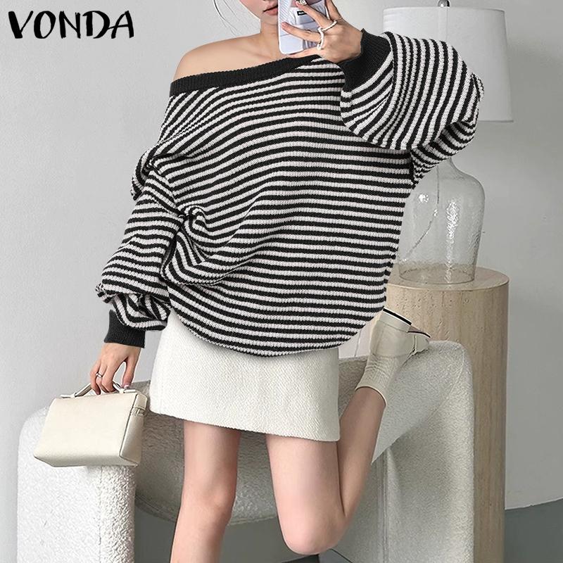 VONDA Women Jumpers Long Sleeve Striped Knitted Pullover Sweaters Knitwear