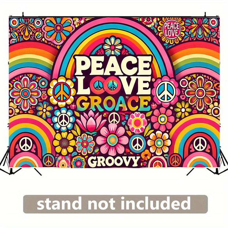 1 Wall Banner - Colorful Hippie Art Style with Flowers Rainbow and "PEACE • LOVE • GROOVY" Design
