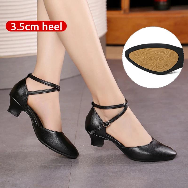 Leather Waltz Shoes Women's Modern Dance Shoes Dance Hall Tango Jazz Latin Shoes Girls Women's Dance Mid-heel