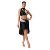 Womens Lyrical Dance Outfits Sleeveless Hollow Out Crop Top Irregular Mesh Hem Briefs Skirt Applique Dancewear Set