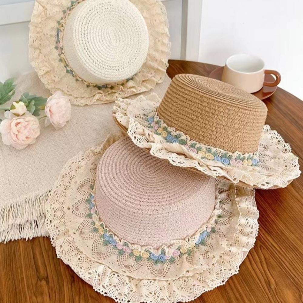 Wide Brim Lace Floral Brim Cap Flat Top Sunscreen Hat Simple Straw Woven Top Hat  Travel