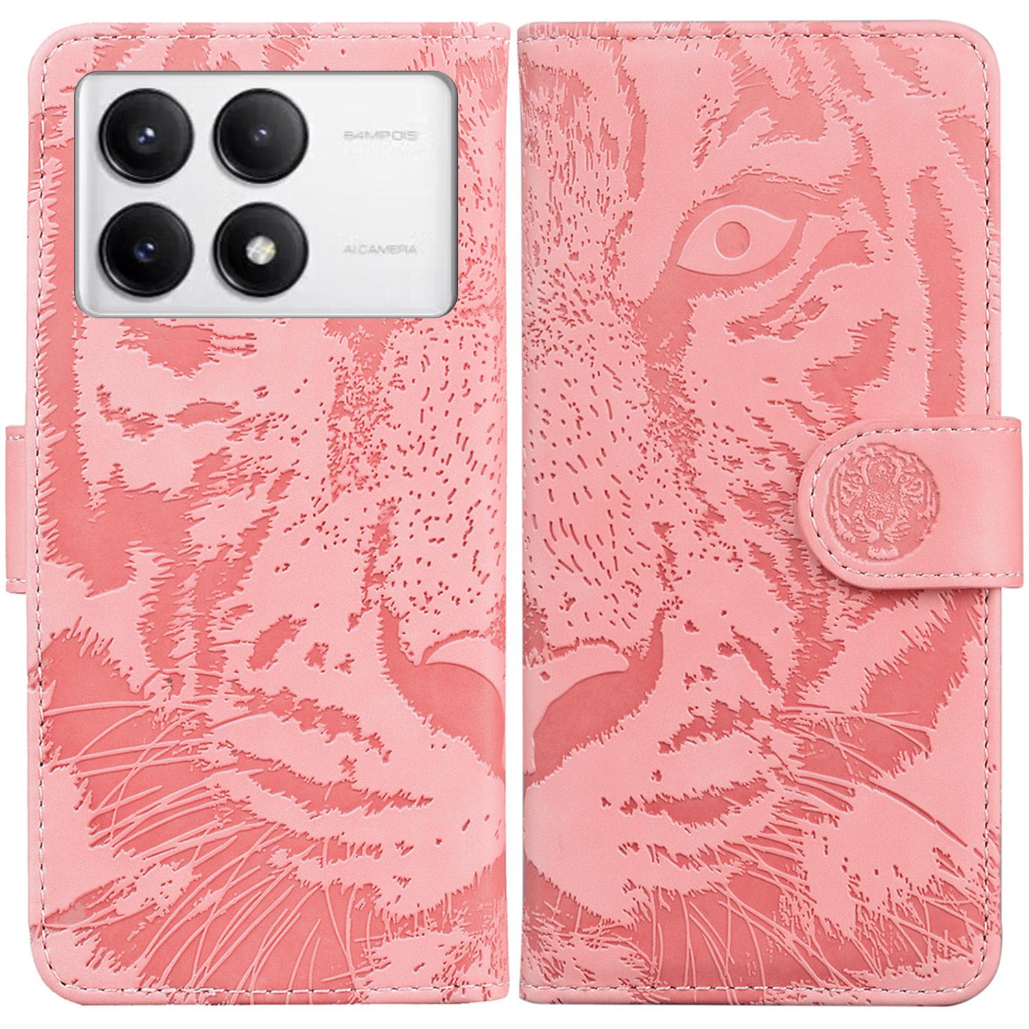 

For Xiaomi Poco F6 Pro 5G/Redmi K70 5G/K70 Pro 5G Phone Case Tiger Imprint Stand Leather Cover Pink