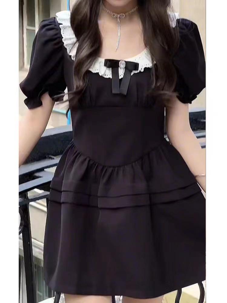 Summer new black dress daughter French temperament a word skirt square neck lace small black dress women's clothing