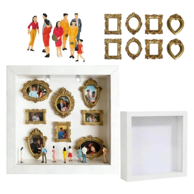 DIY Personalize Mini Museums Silhouettes Box Set with Gold Frame and Mini Figures Photo Display Shadows Box for Home Decors