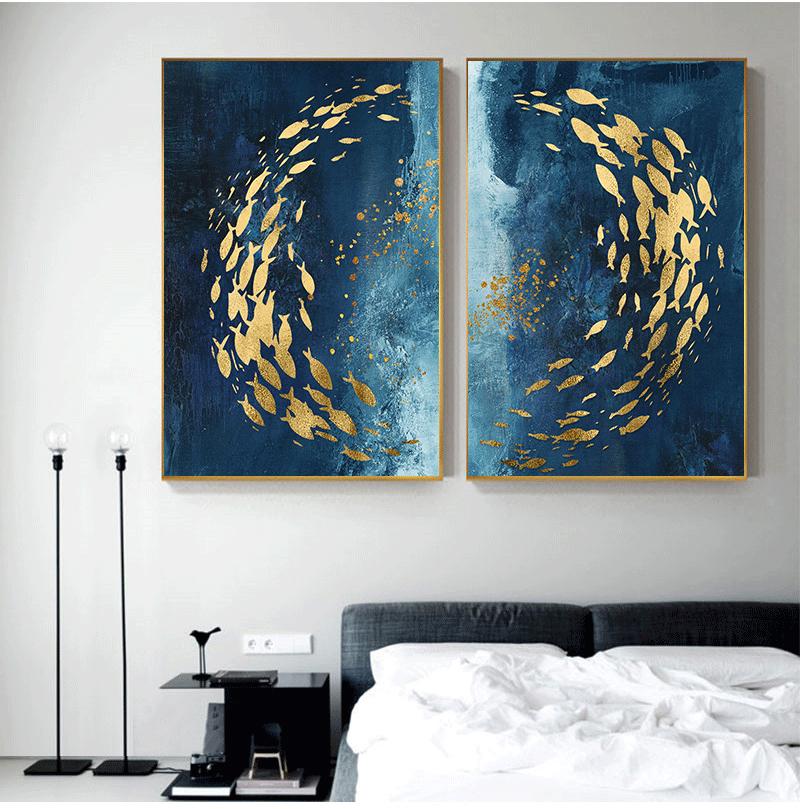 Cuadro artístico de pared de mariposa y pez dorado Negro nórdico, lienzo impreso, cuadro decorativo para sala de estar, decoración del hogar, sin marco