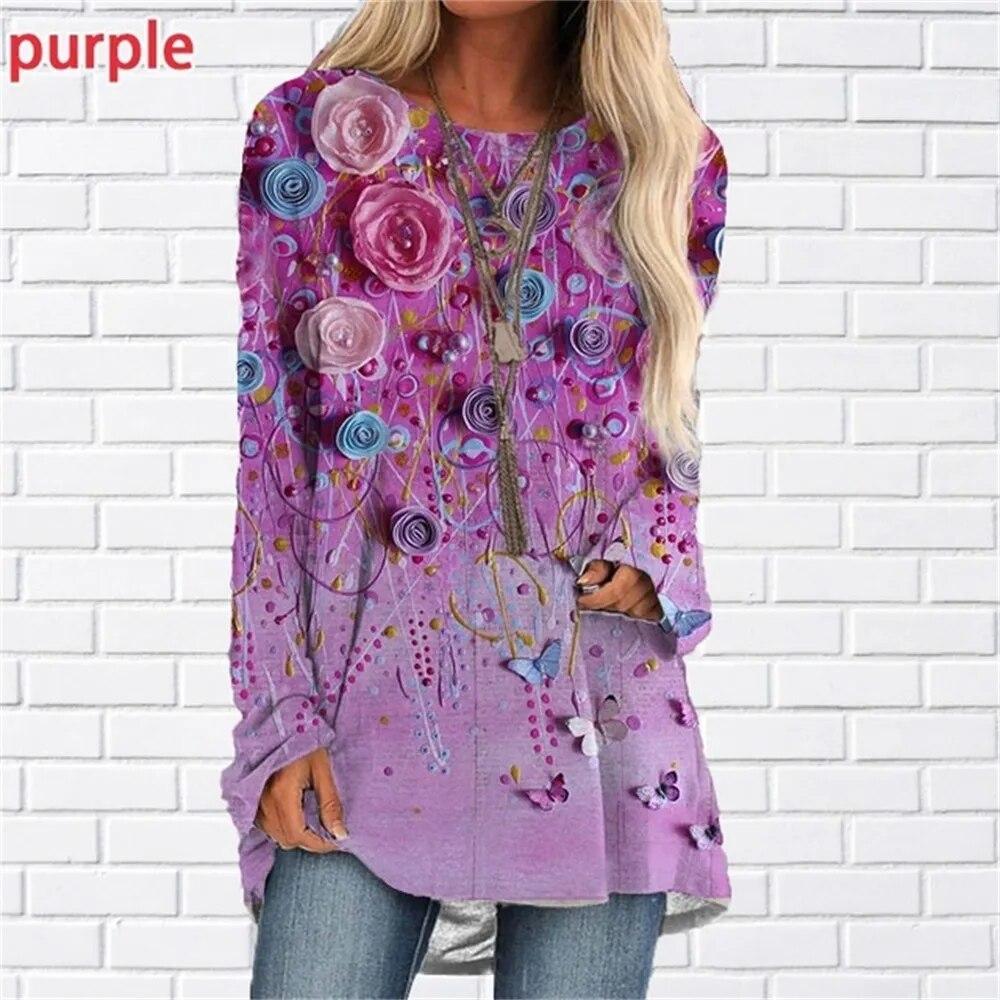 Floral 3d Print T-shirts Women Fashion T-shirt Long Sleeve Tops Tees Summer Long Tops Ladies Camisetas Butterfly Tshirt Girl