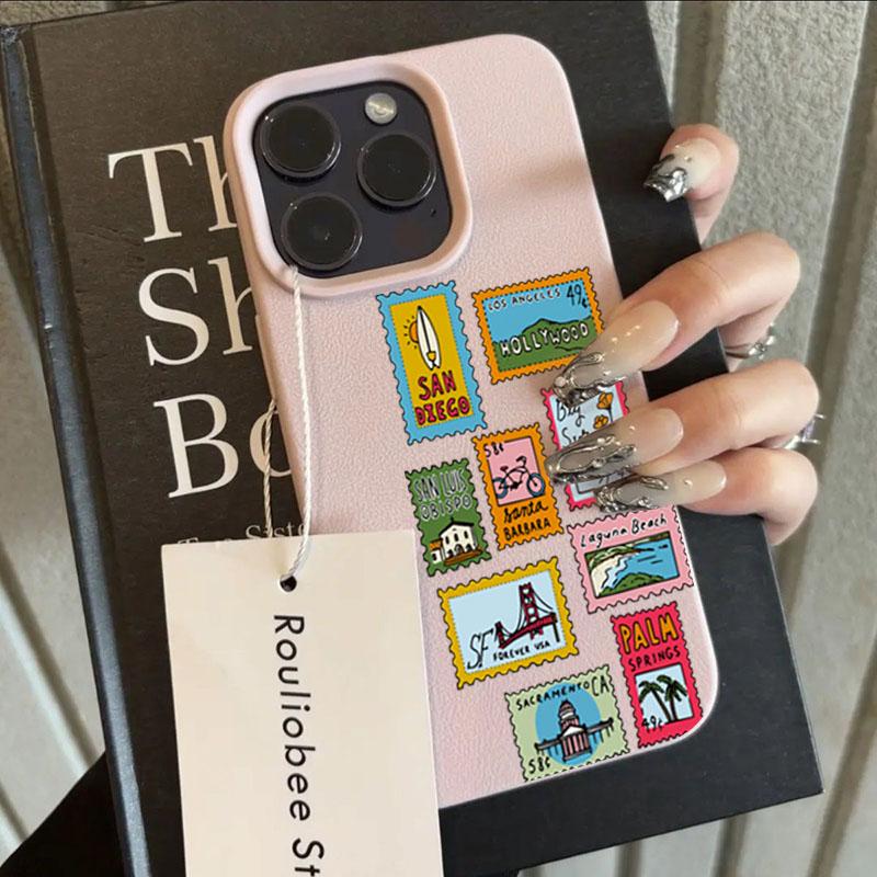 Cartoon Stamp Print Imitation Leather Phone Case for iPhone 17 Air 16 E 15 14 Plus 13 12 11 Pro Max XS Max Soft Silicone Cover