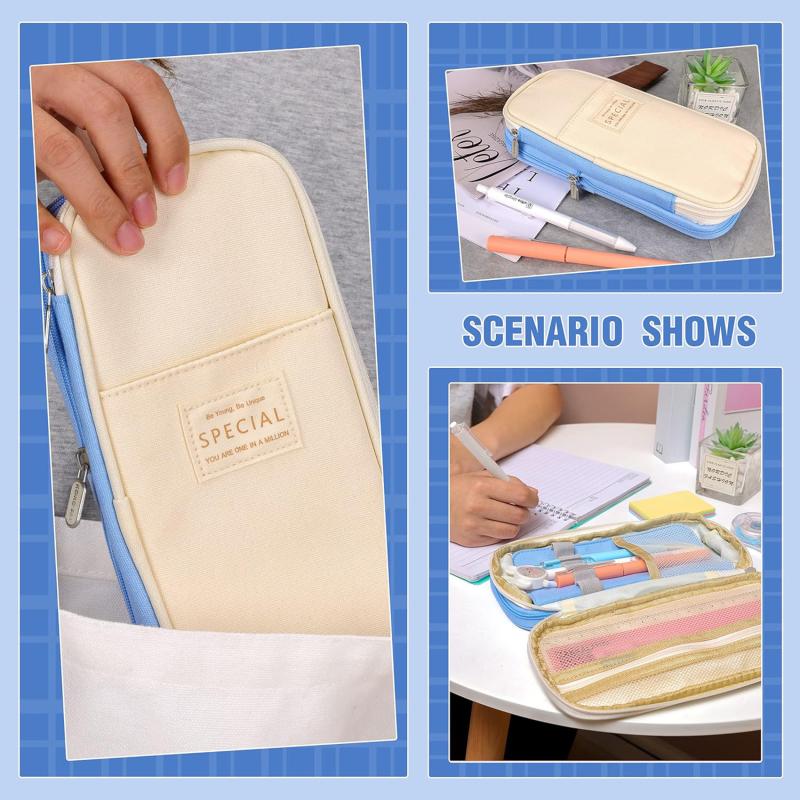 Cute Canvas Pencil Case Student Color Block Stationery Storage Bag Multifunctional Large Capacity Pen Bag Organizer Pouch
