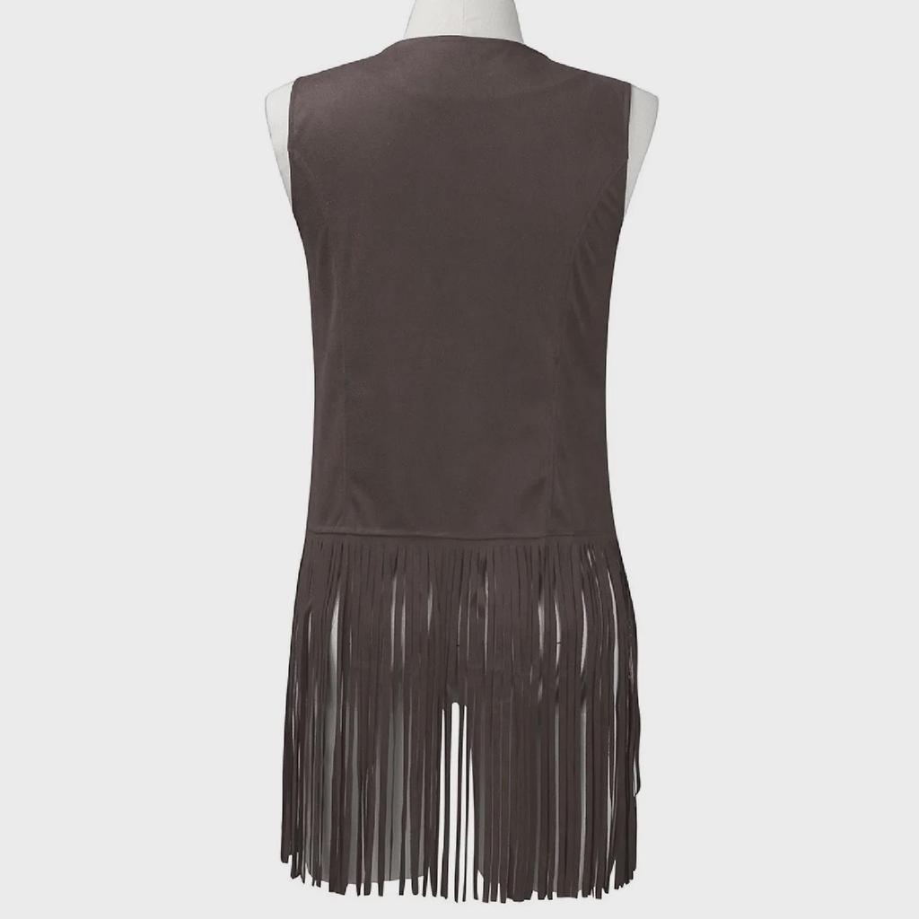 Giacca con Frange Stile Europeo e Americano da Donna 2025, Velluto Scamosciato, Gilet Mid-Length Senza Fibbia.