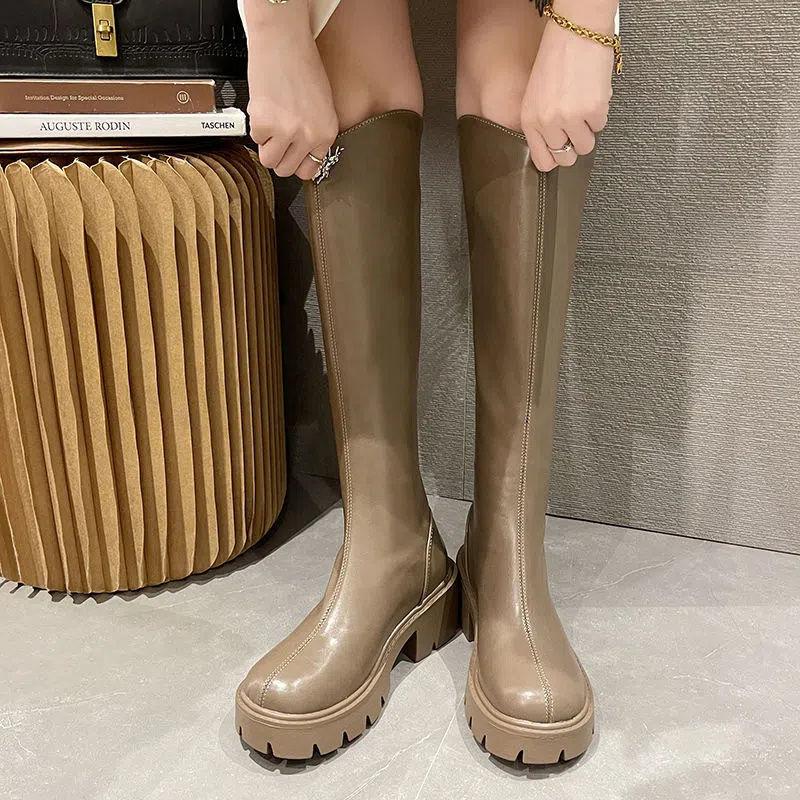 V-mouth knight boots women's thin soft leather muffin thick-soled cigarette boots small people are tall but knee boots high boots