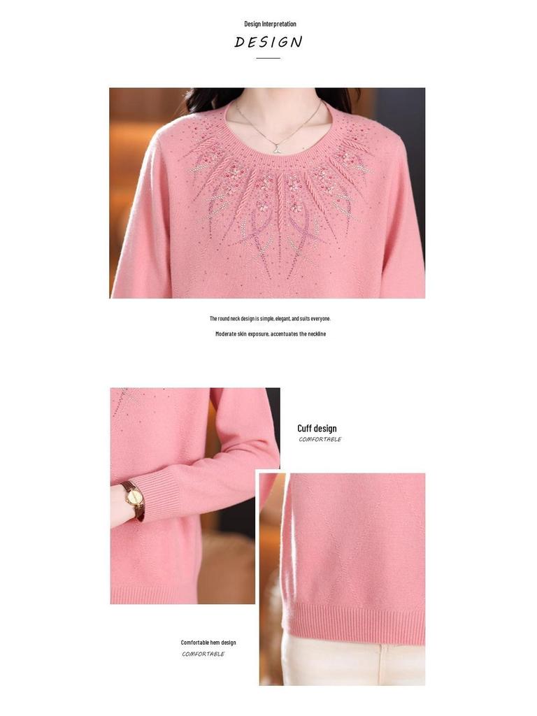Premium Plus-Size Women's Pure Wool Sweater: Autumn/Winter Low Round Neck for Middle-Aged & Elderly