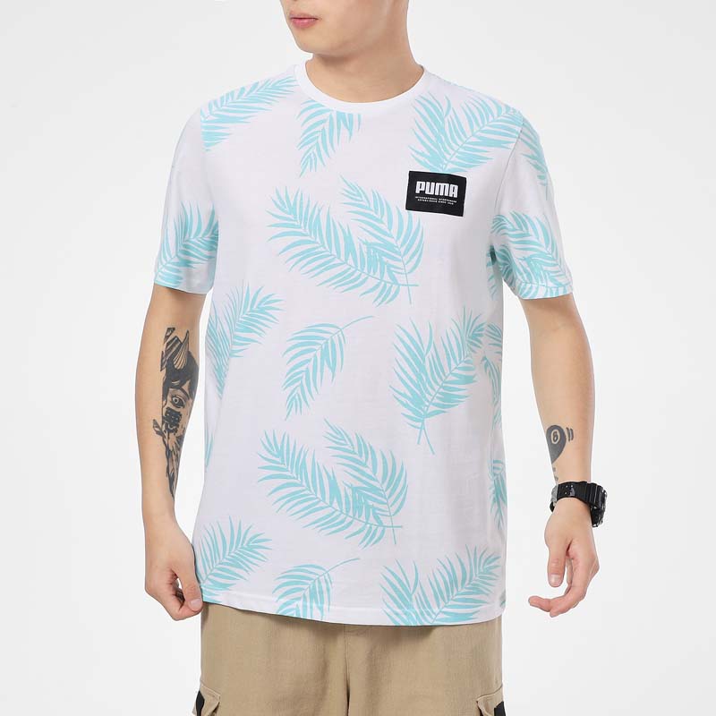 Puma Leaf Print Casual Sport Crew Neck Short Sleeve T-Shirt Men Tops Light-Blue 845859-02