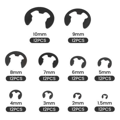 Latikaly E-Type Snap Rings, 120-Piece Set, M1.5-M10, Retaining Circlip Kit, Durable, Oil-Resistant, for Fixing Components, with Storage Box