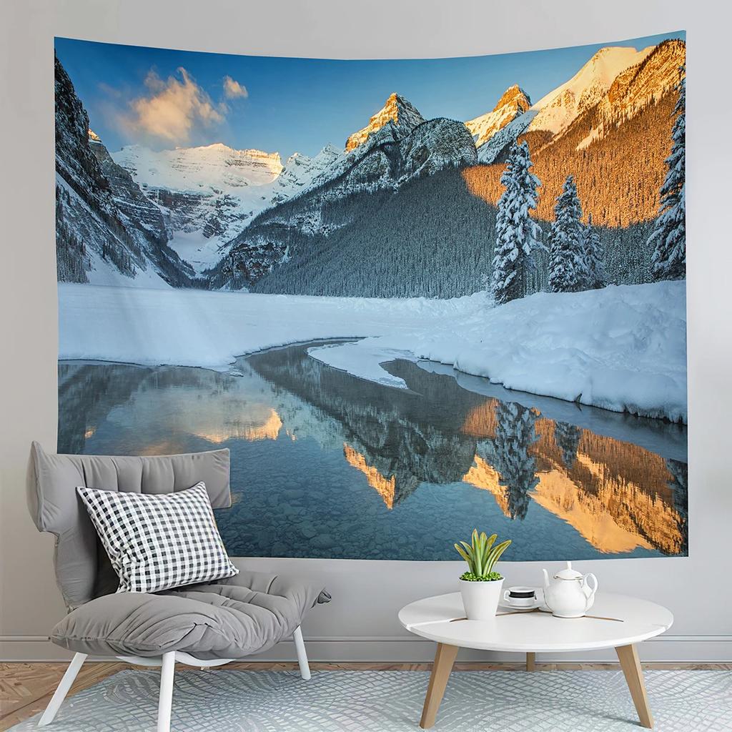 Nature Mountain Forest Tapestry Winter Snowy Tree Landscape Tapestry Wall Hanging Decor Tapestries Bedroom Home Living Room Dorm