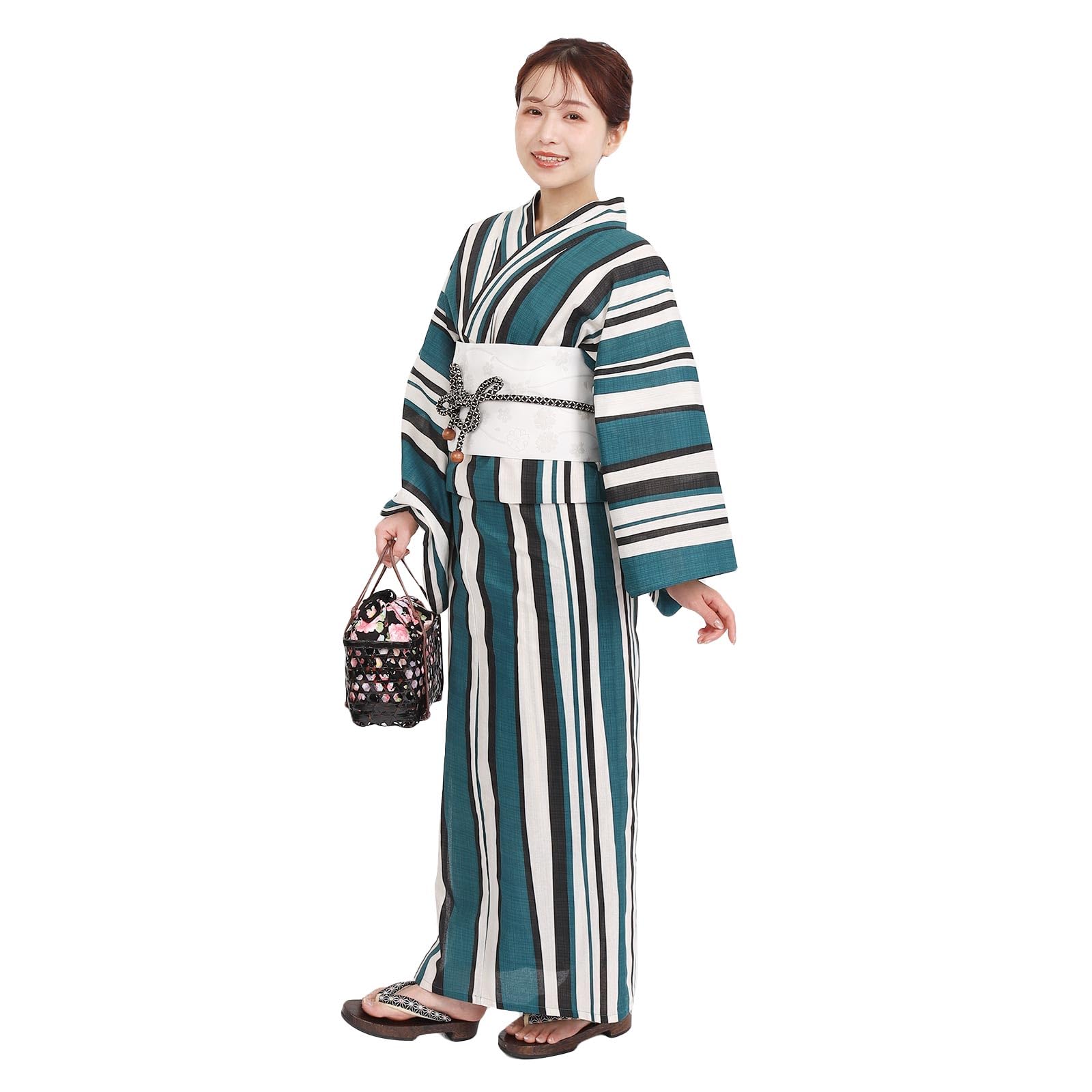 

yukata with free ribbon in X14B25LRWH [Fuuka] Two-piece pre-tied obi, 2-piece set, separate, women s, size, striped, blue-green (pre-tied obi/made