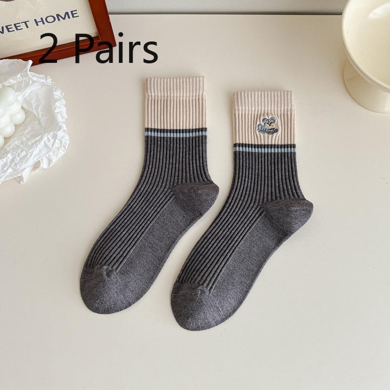 Two Pairs of Grey-colored Imitation Cashmere Striped Socks - Mid-calf Socks with Warm Stitching and Cute Lace Trim.