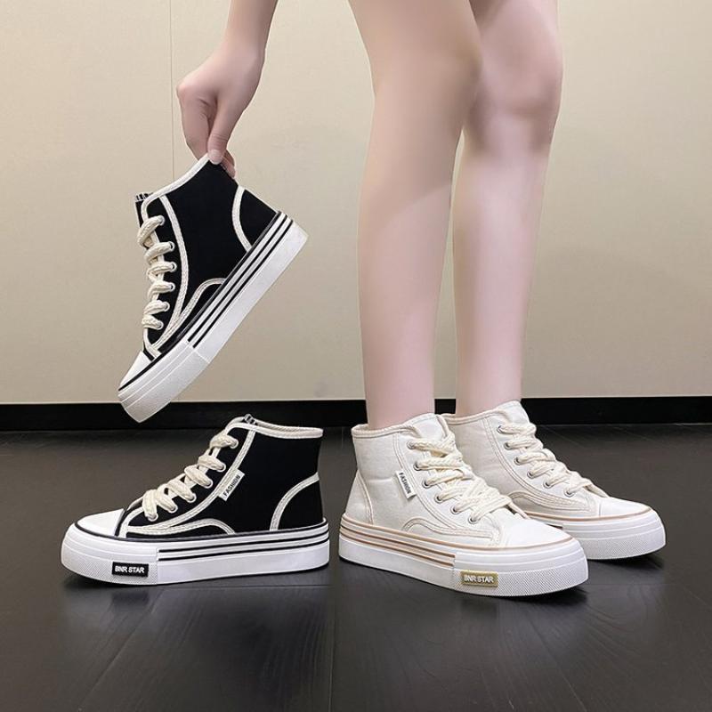 Spring, Summer, Autumn and Winter Women's Shoes Women's Sneakers Canvas Shoes Mid-cut Round Toe Lace-up Casual All-match Shoes