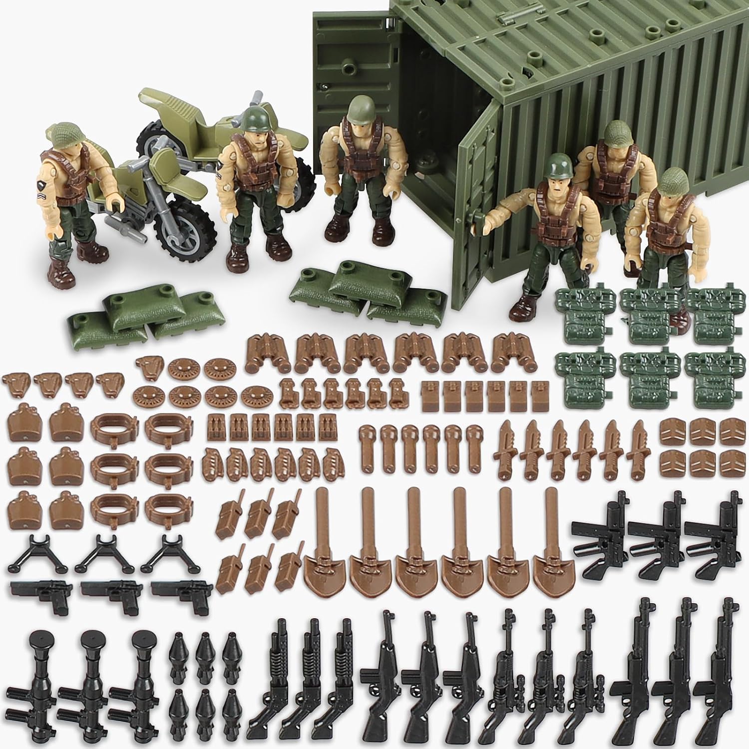 

Військові іграшки Другої світової війни Набір контейнерів для армійського спорядження Пластикові пістолети Набір військових аксесуарів Включає фігурки американських солдатів