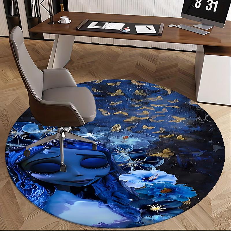 Ethereal Blue Floral Chair Mat - Round Carpet for Home Decor, Office Use, Living Room, Bedroom, Gift Idea0242b