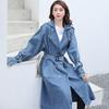 Autumn Women's Denim Overcoat Loose Long Windbreaker Trench Coat Double Breasted Belted Casual Jean Jacket