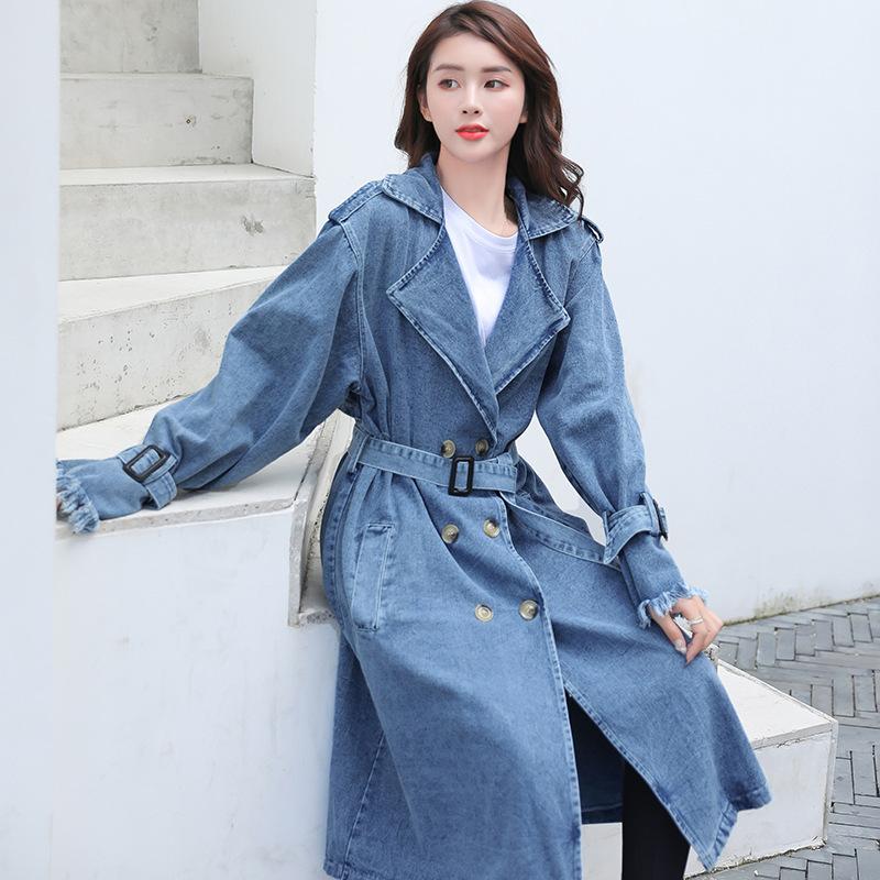 Chaqueta vaquera cortavientos de doble botonadura, holgada, de largo medio, de talla grande, para mujer, de primavera y otoño, con cinturón